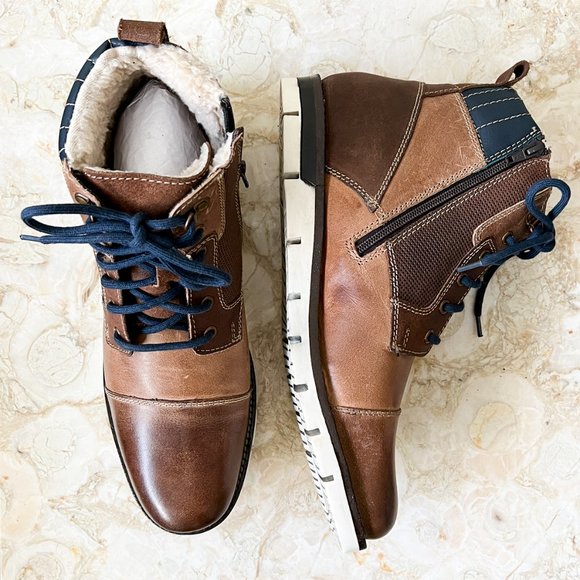 Unionbay Size 13 Leather Faux Fur-lined Lace-up Round Toe Brown Tan Ankle Boots - Picture 2 of 15